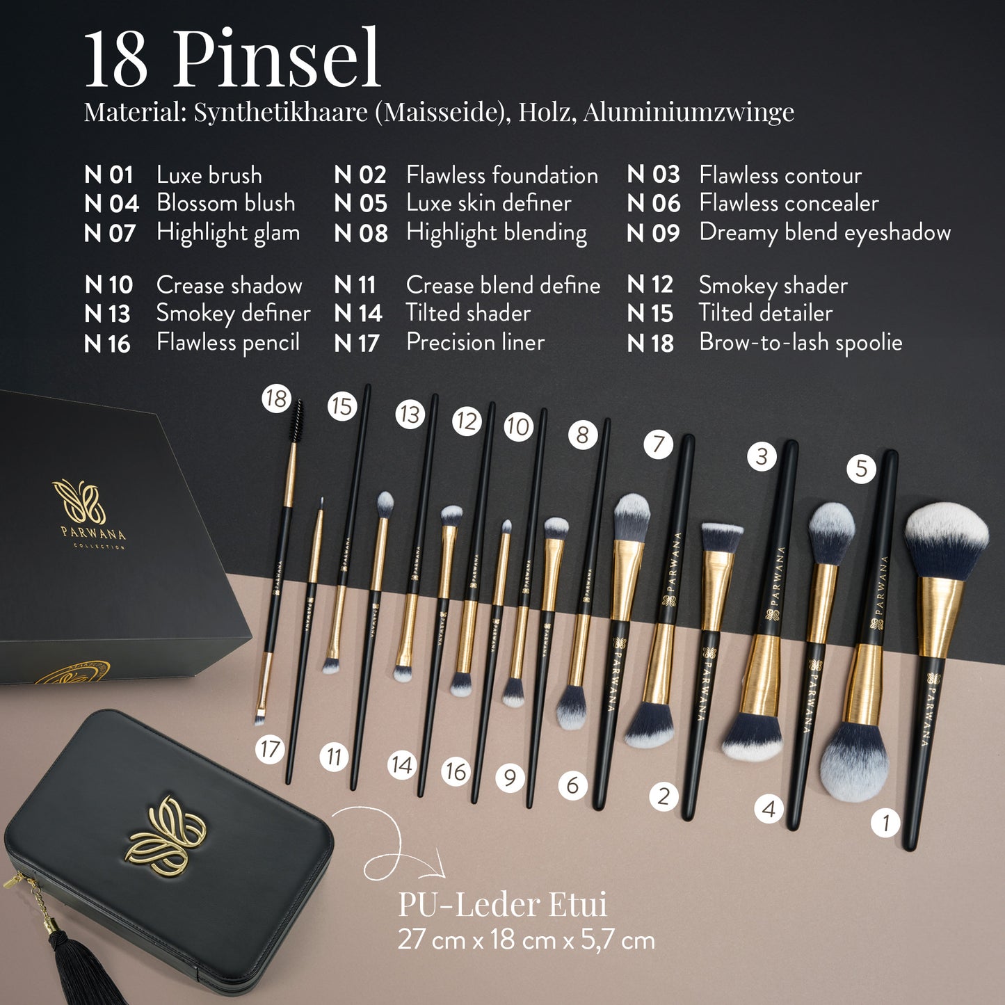 Parwana Collection Make Up Brush Set [18 Brushes] GOLD